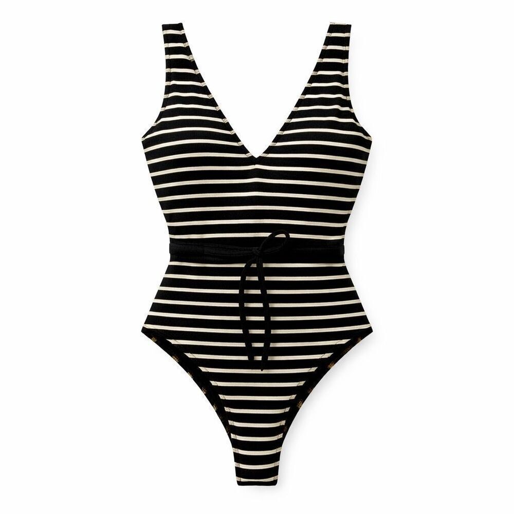 Body Glove Belted One Piece Swimsuit Striped Textured X-Small, High Hip NWT